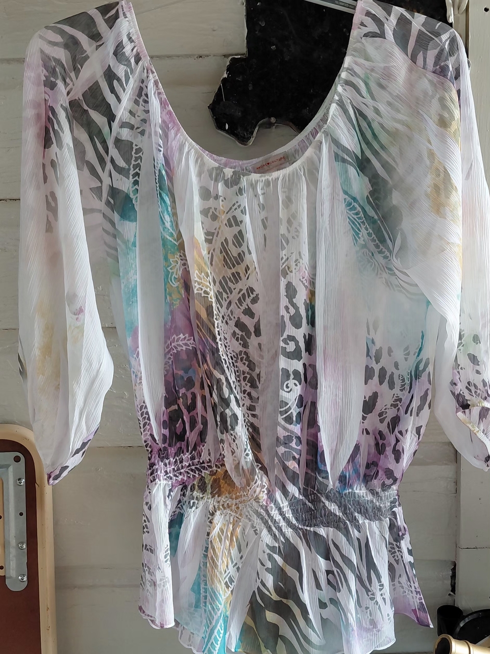 Sheer White Mixed-Print Peasant Tunic with Pastel Accents